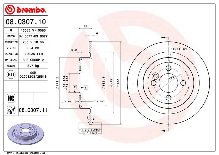 Mini Brembo Disc Brake Rotor - Rear (280mm) 34216784389